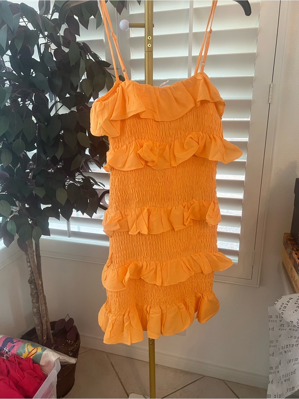 Olivaceous Bright Orange Tiered Smocked Mini Dress - Picture 2 of 5